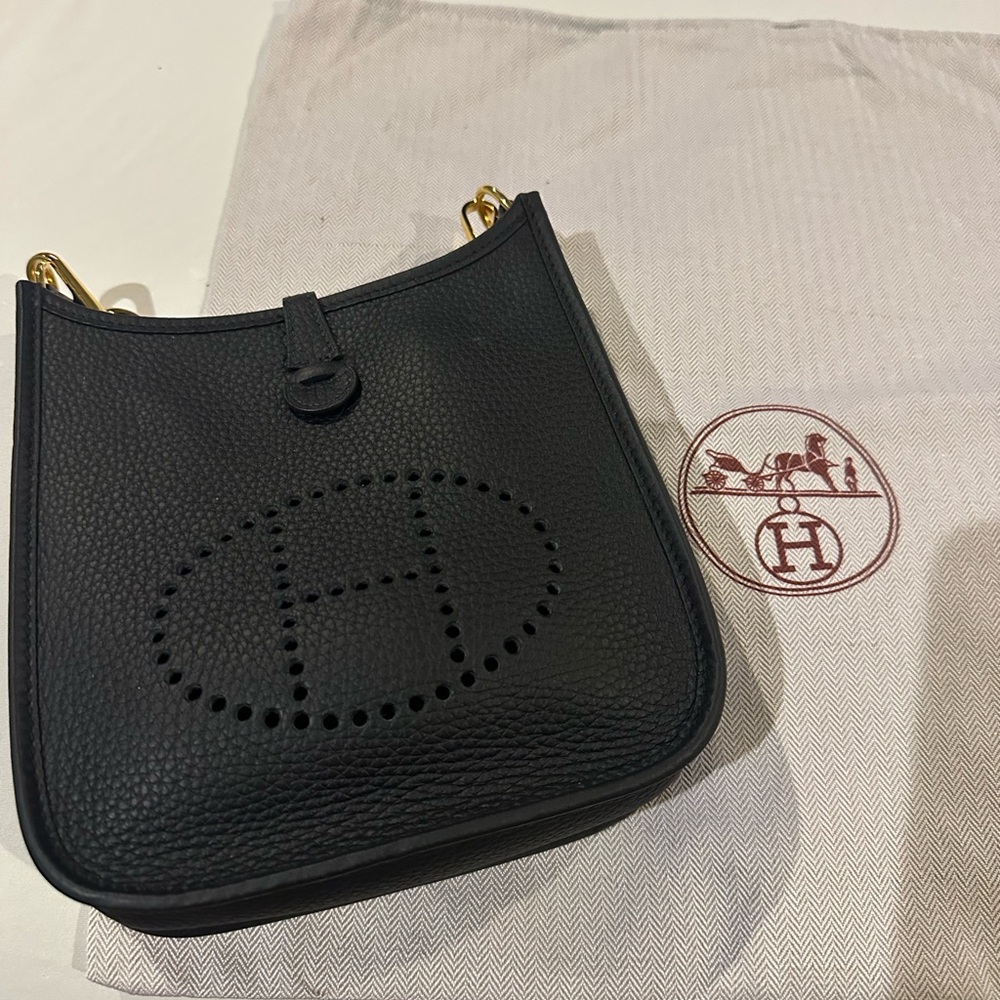 Hermes Black Leather Shoulder Bag with Gold Hardware